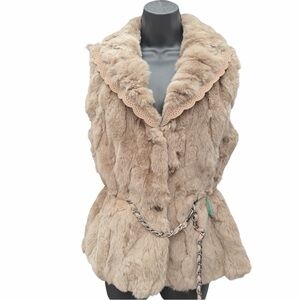 LOVE TOKEN Genuine Rex Rabbit Fur Vest Leather Trim Chain Belt - Luxury Gilet